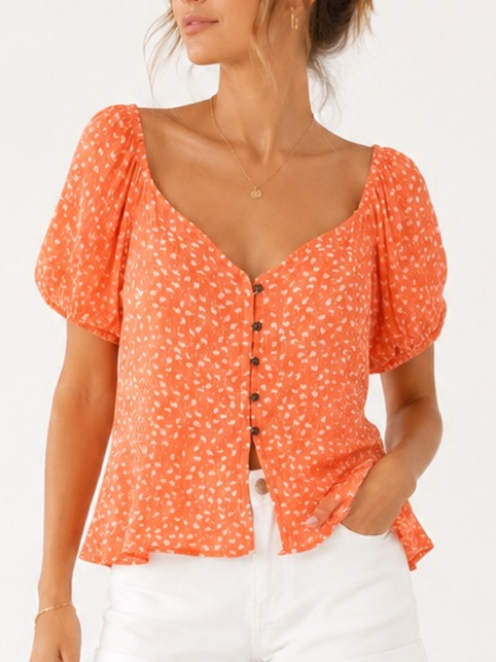 NWT Moral Fiber Orange Gauzy Floral Cottagecore Puff Sleeve Blouse Top Size XL